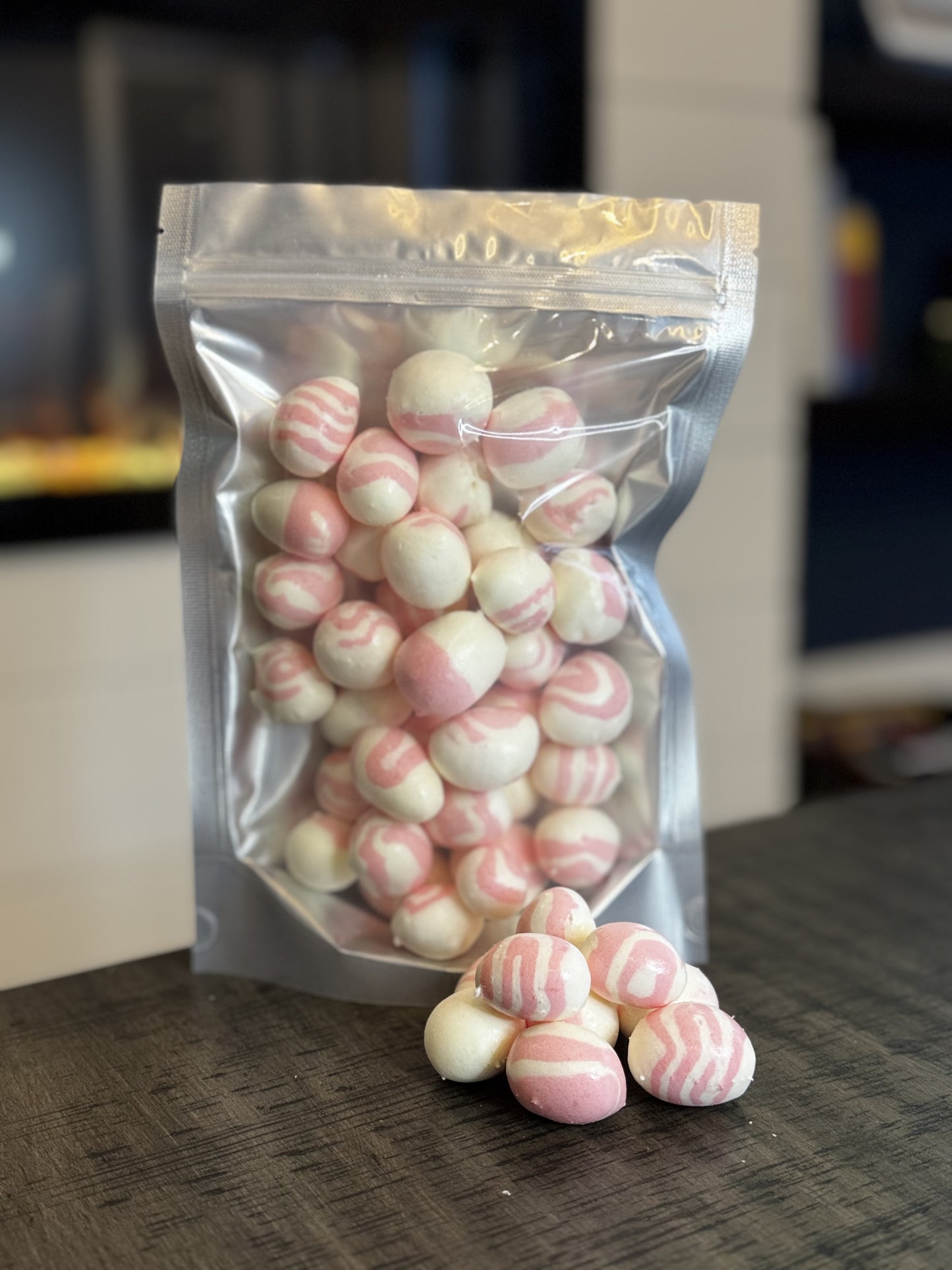 Freeze Dried Candy, large size bag, displaying candy, salt water taffy, strawberry cheesecake flavour