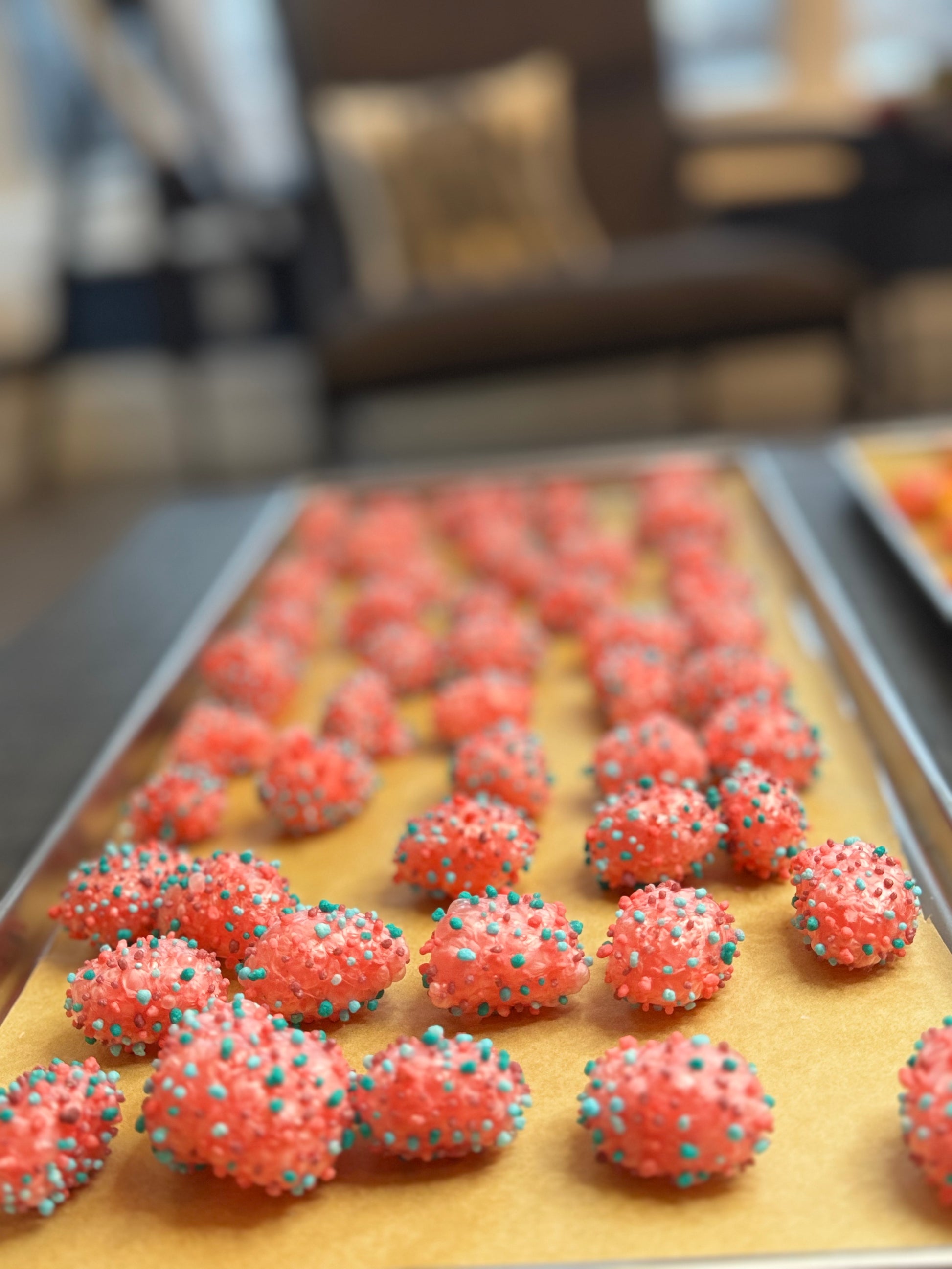 Freeze Dried Candy, displaying candy tray, nerds gummy clusters