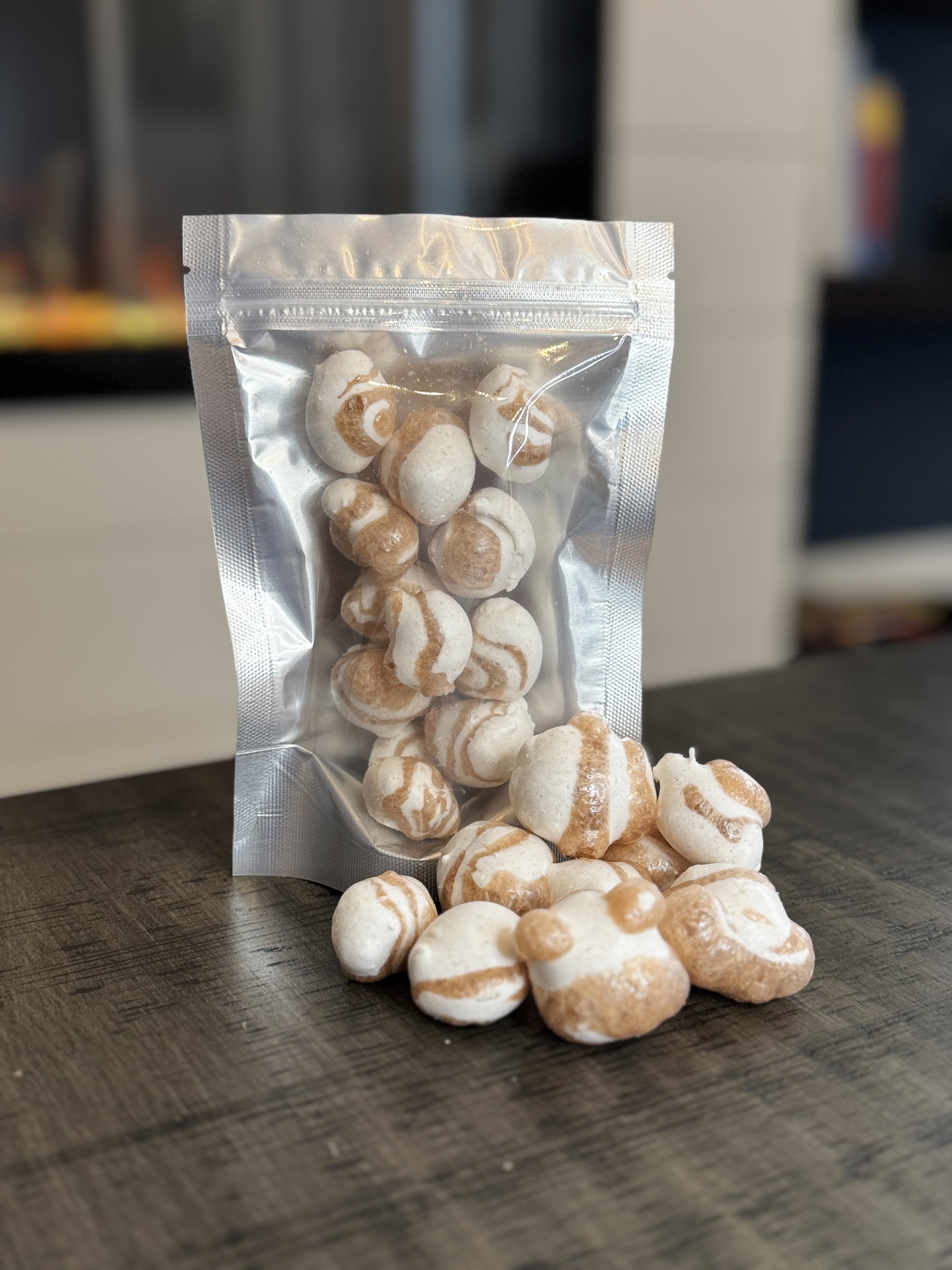 Freeze Dried Candy, small size bag, displaying candy, salt water taffy, cinnamon roll flavour