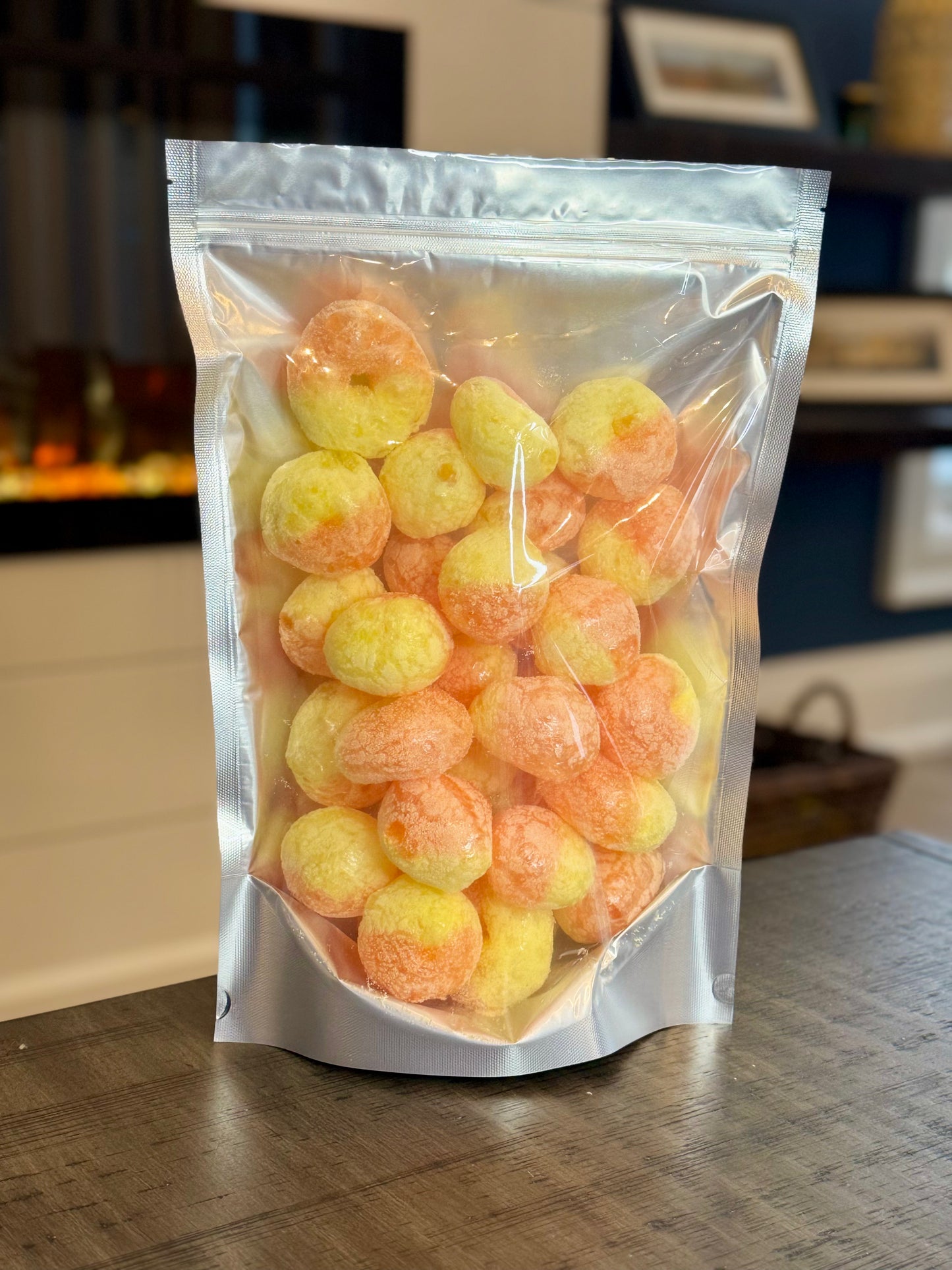 Freeze Dried Candy, large size bag, displaying candy, peach flavoured gummy rings