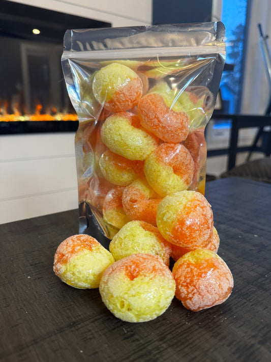 Freeze Dried Candy, regular size bag, displaying candy, peach flavoured gummy rings