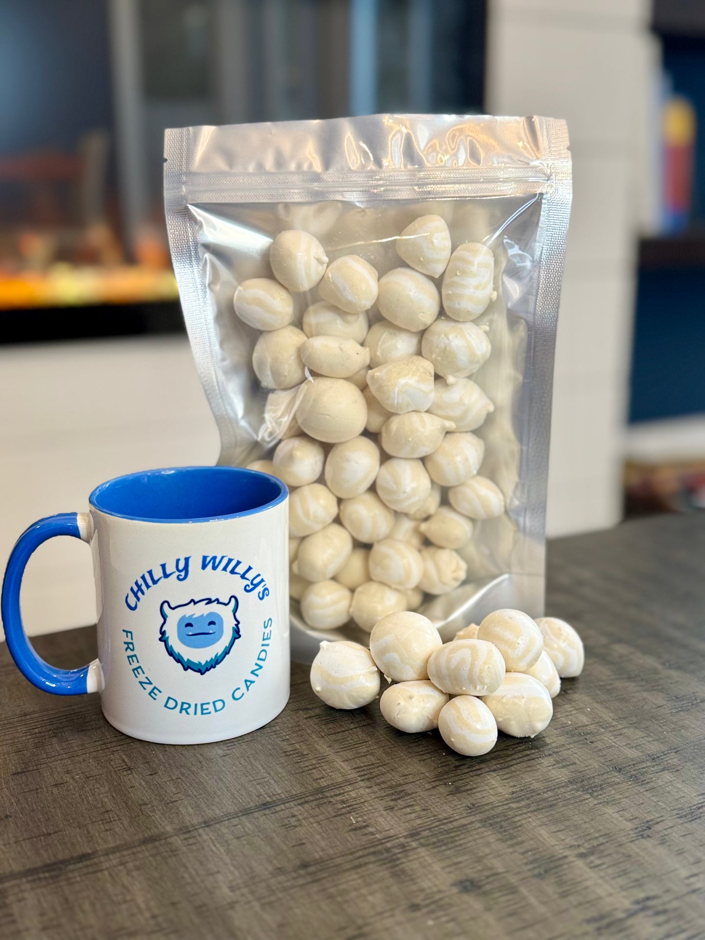 Freeze Dried Candy, large size bag, displaying candy, salt water taffy, cold brew coffee flavour, mug with logo