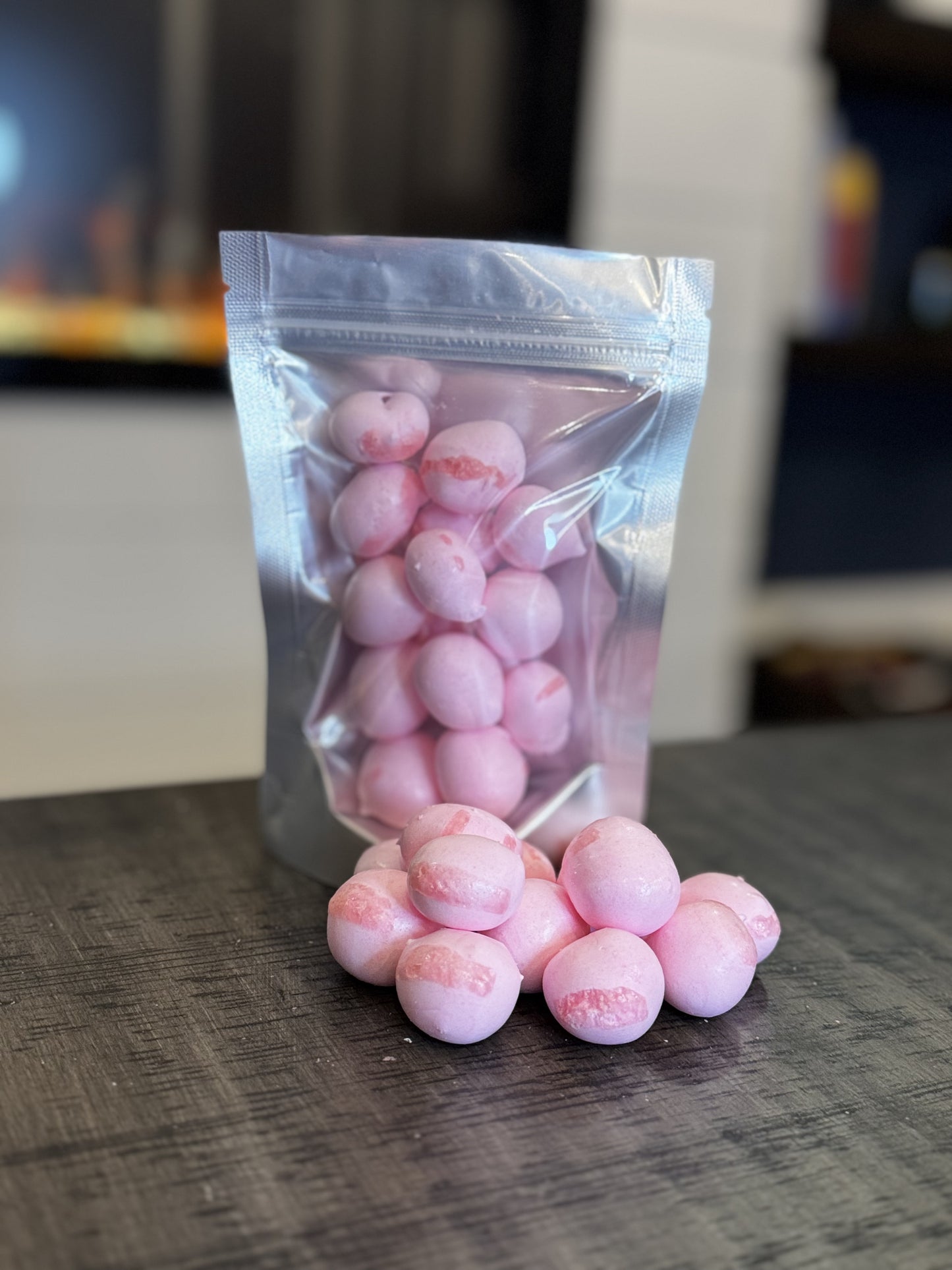 Freeze Dried Candy, small size bag, displaying candy, salt water taffy, cherry flavour