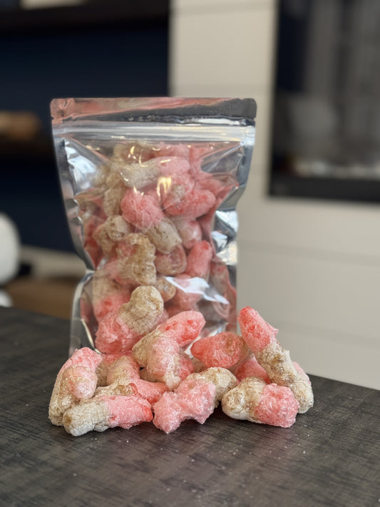 Freeze Dried Candy, regular size bag, displaying candy, cherry cola bottle gummies
