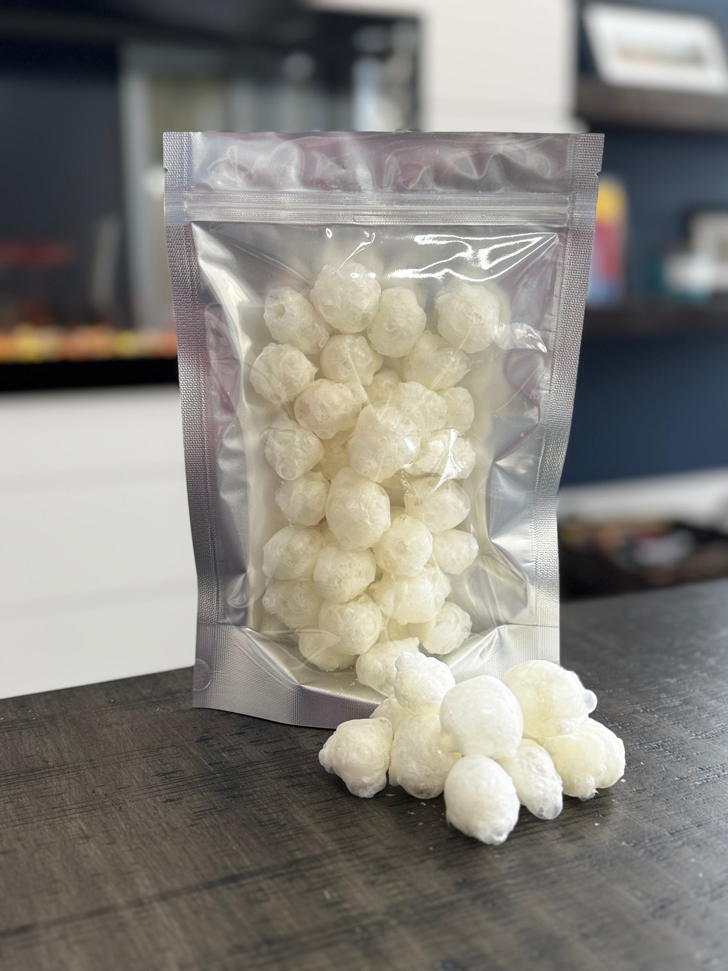 Freeze Dried Candy, large size bag, displaying candy, gummy bears, strawberry banana flavour