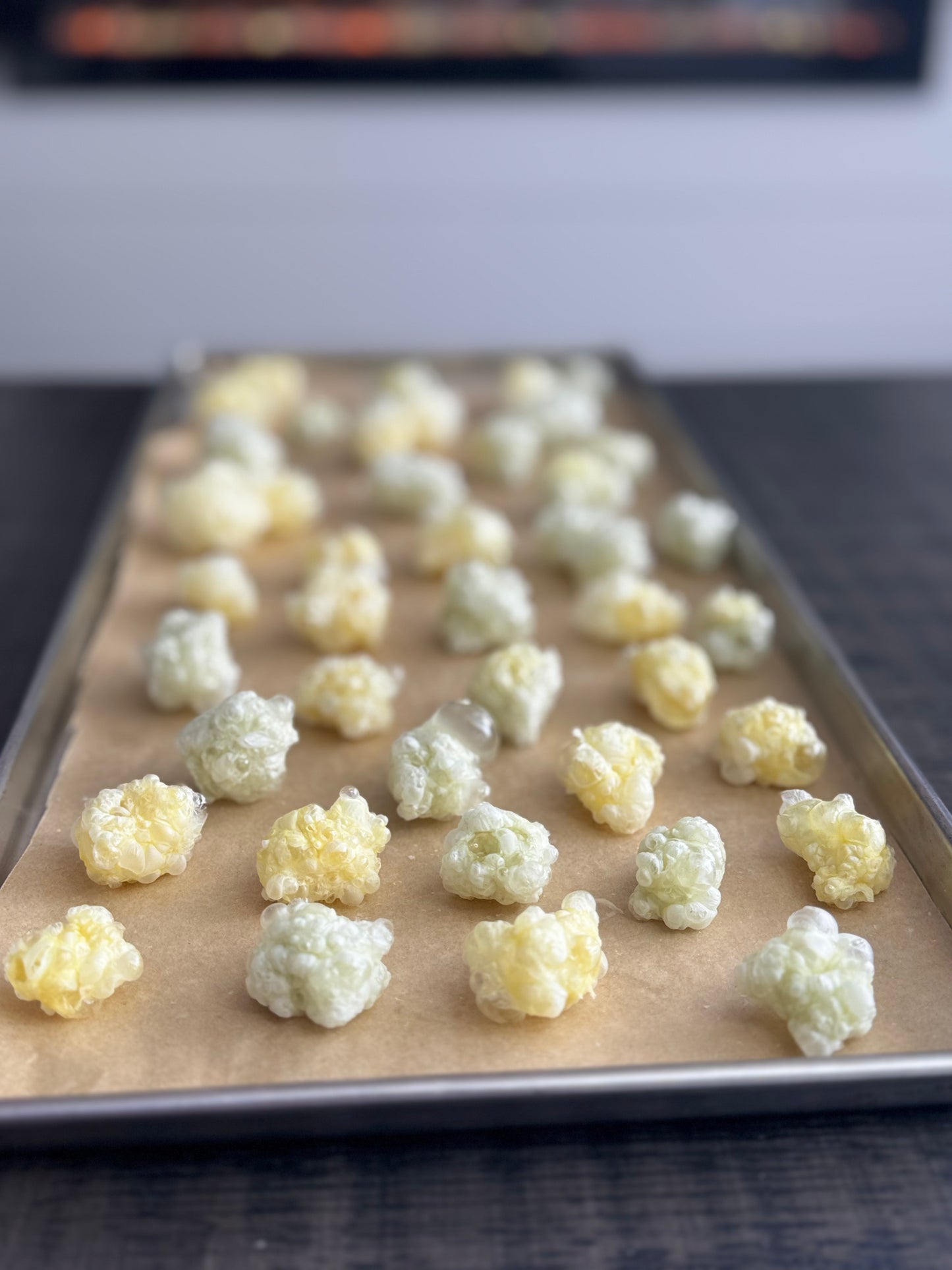 Freeze Dried Candy, displaying candy on tray, pineapple gummies