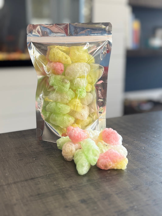 Freeze Dried Candy, regular size bag, displaying candy, gummy worms
