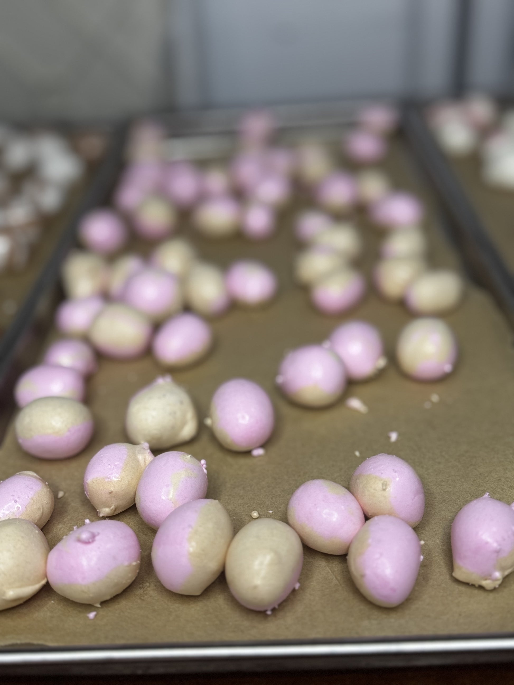 Freeze Dried Candy, displaying candy on tray, salt water taffy, glaze donut flavour