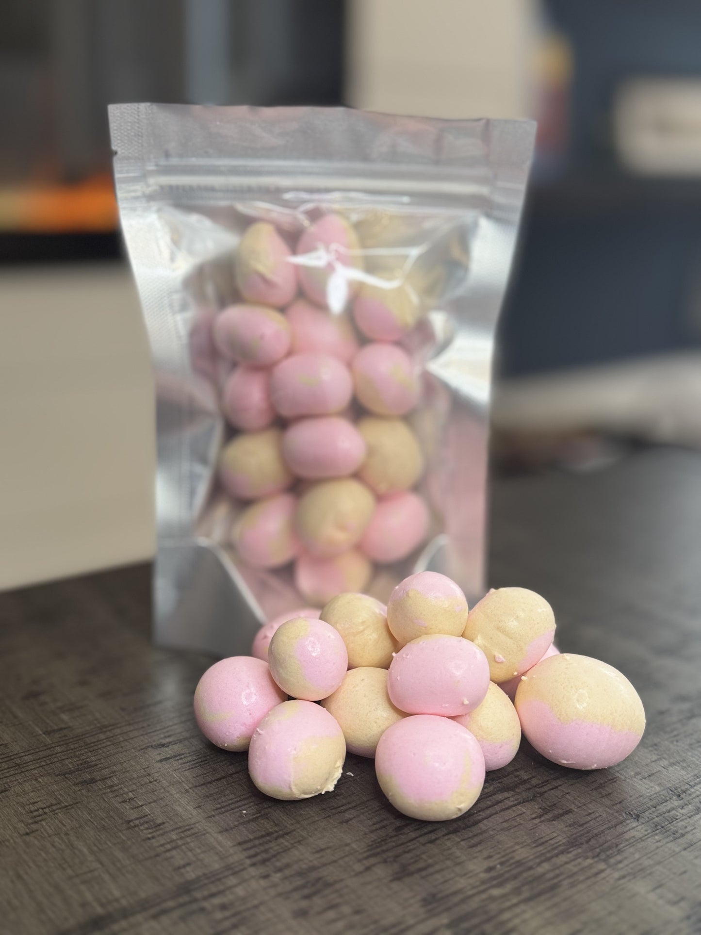 Freeze Dried Candy, small size bag, displaying candy, salt water taffy, glaze donut flavour