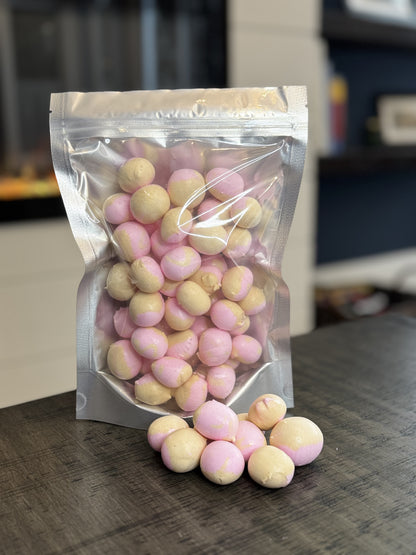 Freeze Dried Candy, large size bag, displaying candy, salt water taffy, glaze donut flavour