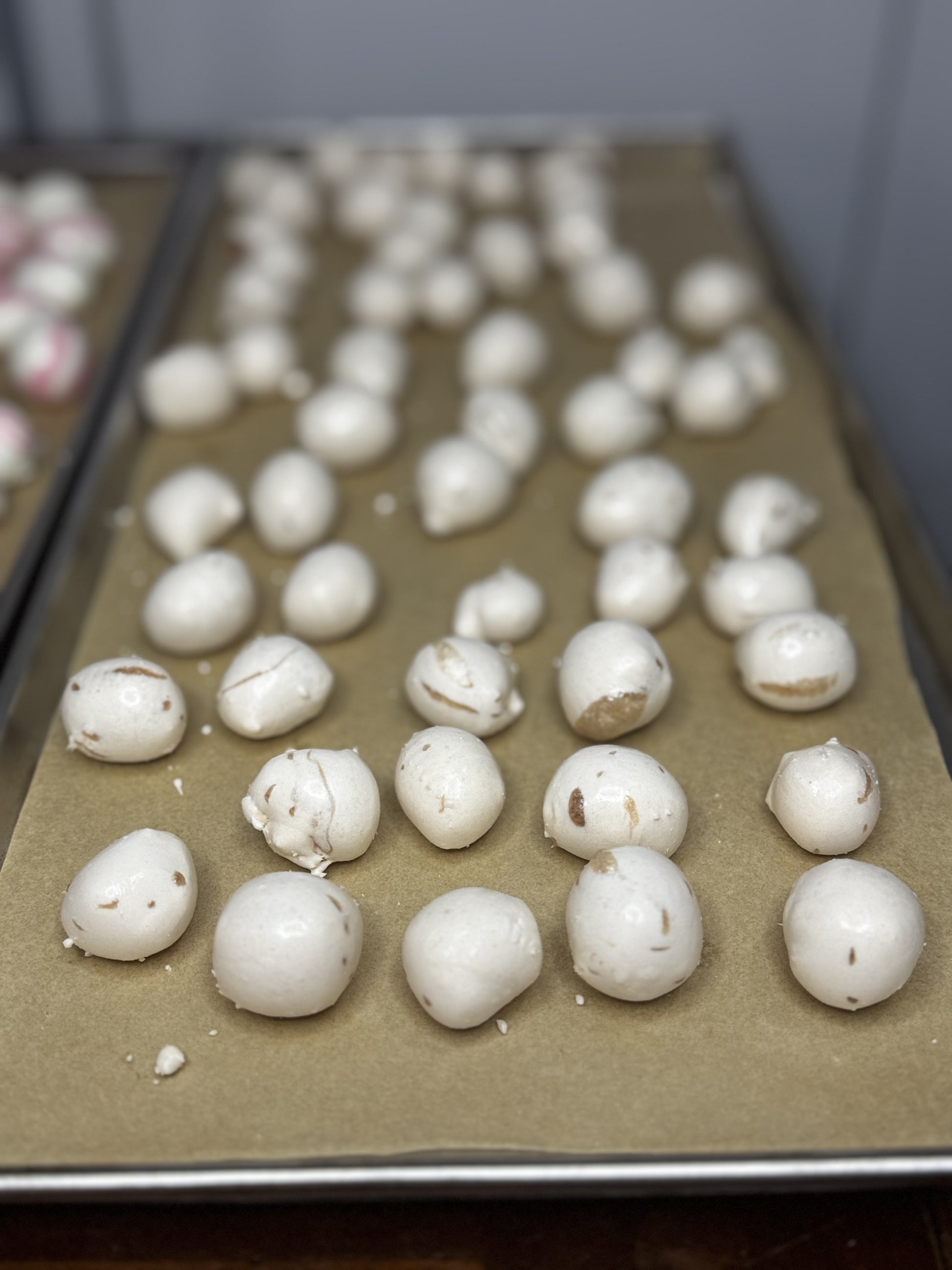 Freeze Dried Candy, displaying candy on tray, salt water taffy, chocolate chip cookie flavour