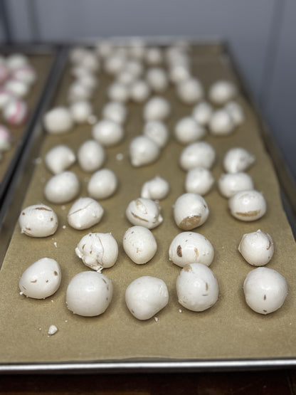 Freeze Dried Candy, displaying candy on tray, salt water taffy, chocolate chip cookie flavour