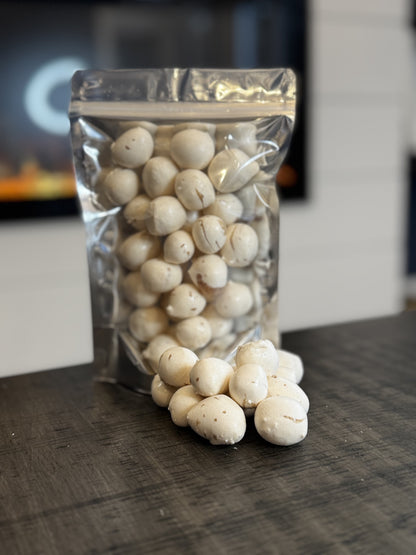 Freeze Dried Candy, regular size bag, displaying candy, salt water taffy, chocolate chip cookie flavour