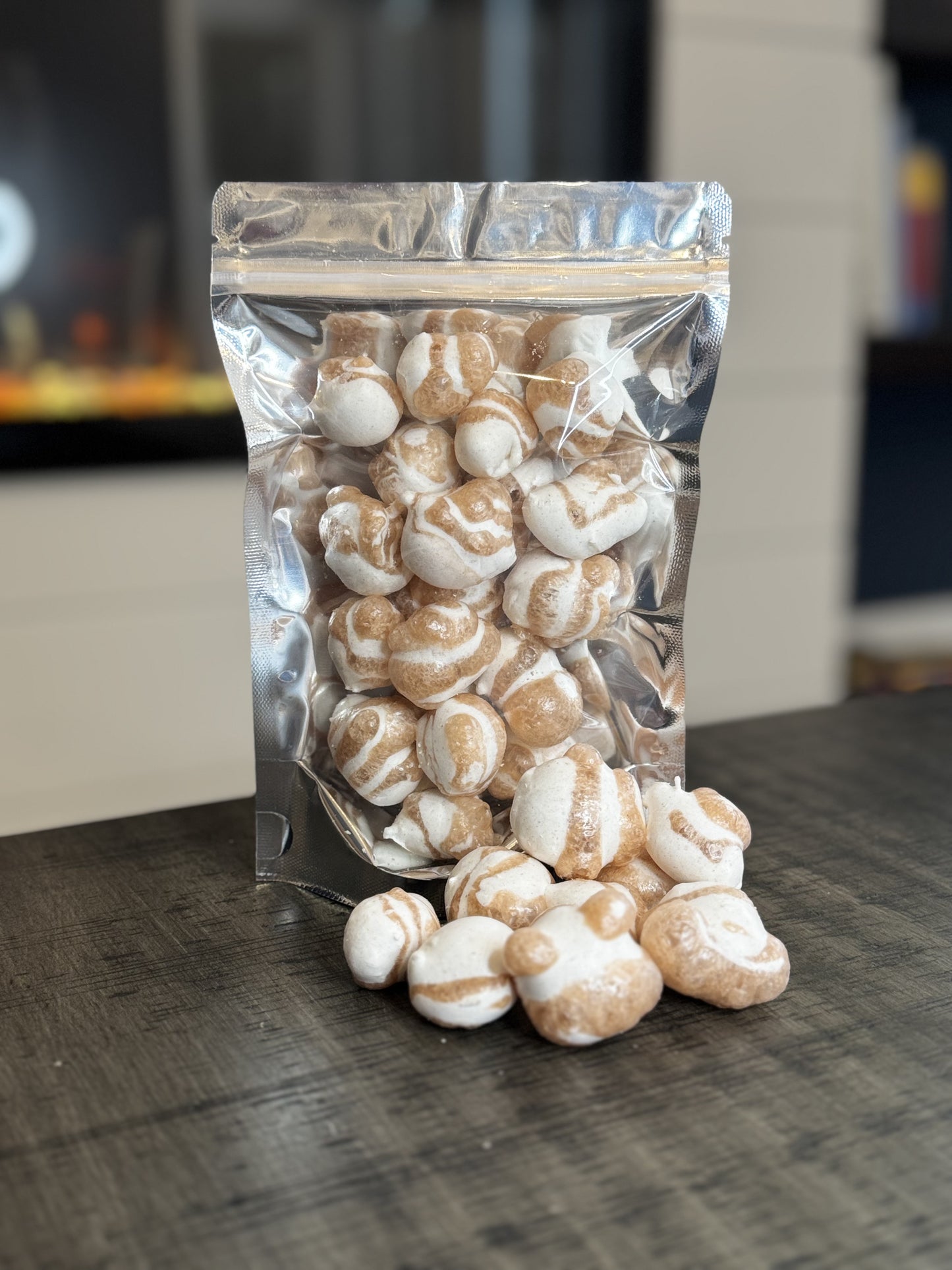 Freeze Dried Candy, regular size bag, displaying candy, salt water taffy, cinnamon roll flavour