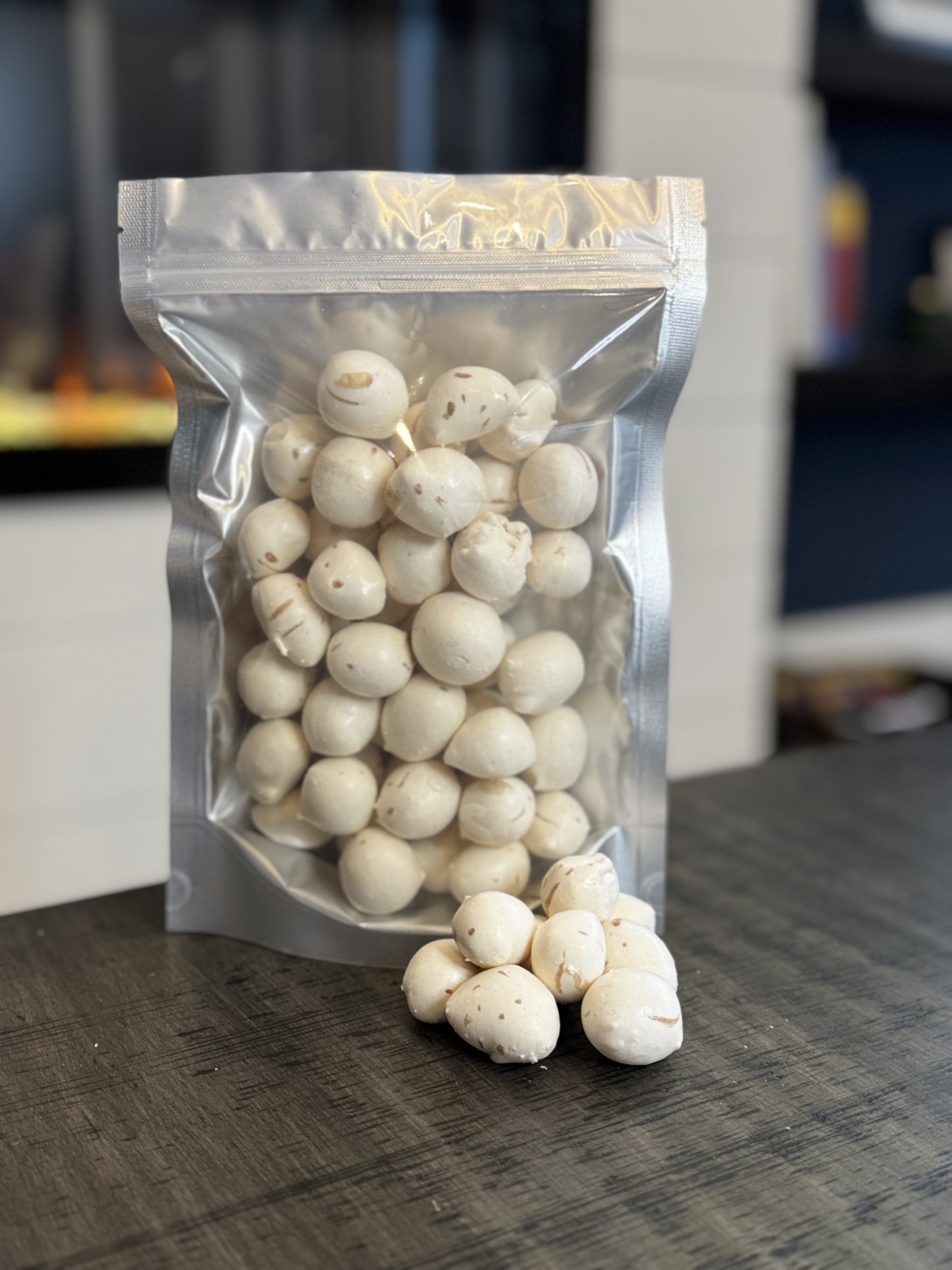 Freeze Dried Candy, large size bag, displaying candy, salt water taffy, chocolate chip cookie flavour