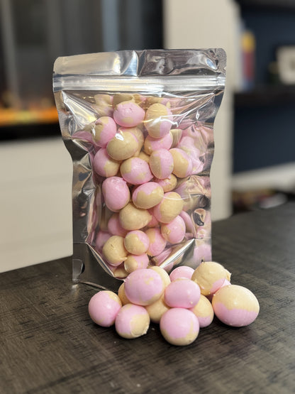 Freeze Dried Candy, regular size bag, displaying candy, salt water taffy, glaze donut flavour