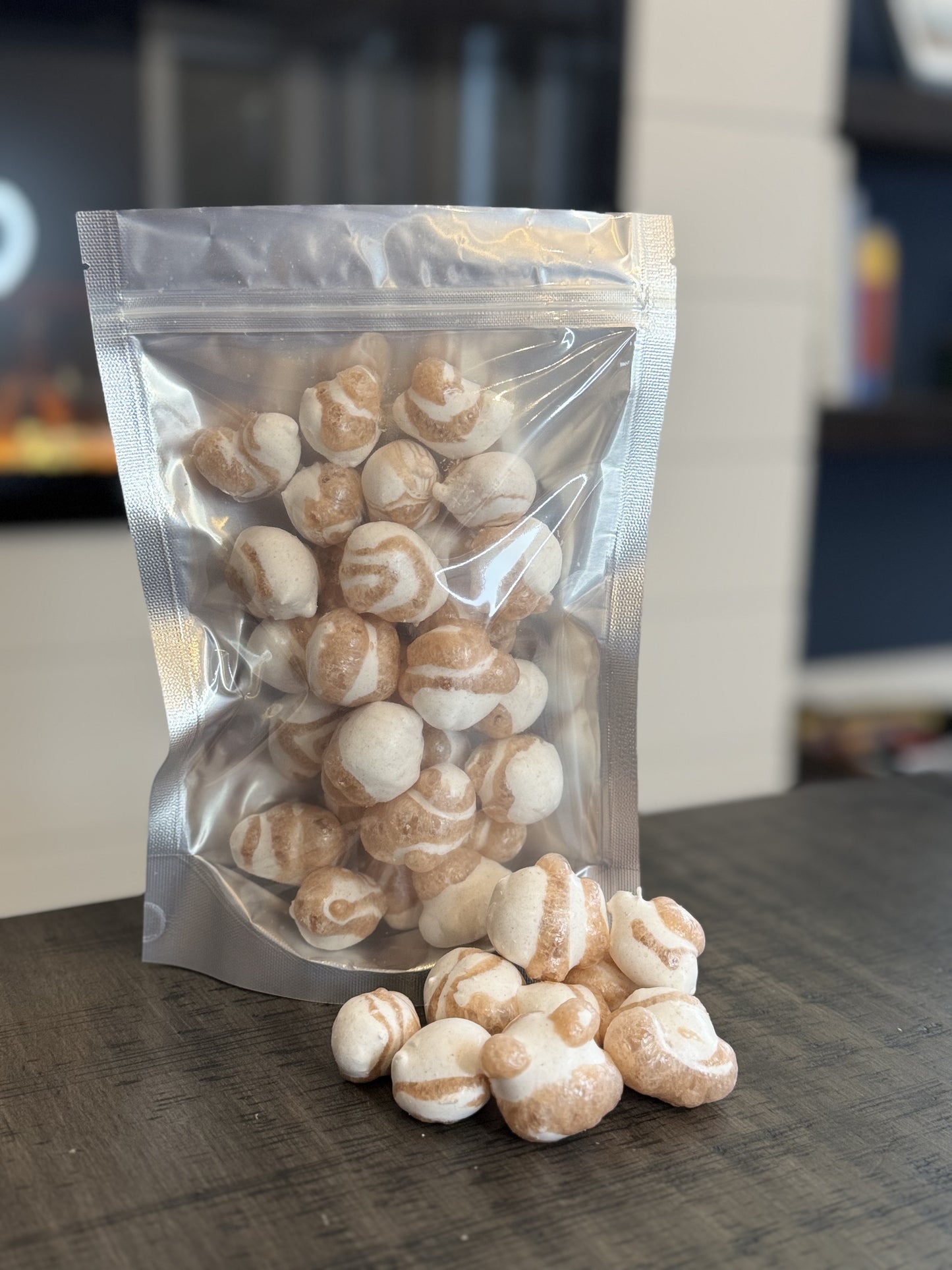 Freeze Dried Candy, large size bag, displaying candy, salt water taffy, cinnamon roll flavour