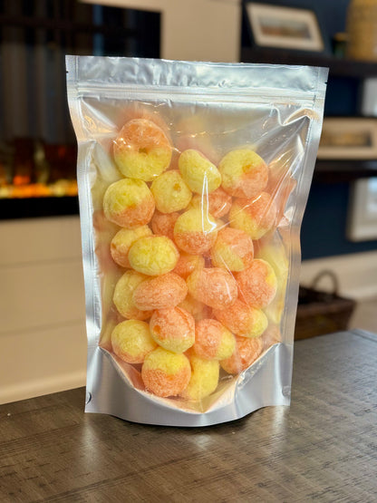 Freeze Dried Candy, large size bag, displaying candy, peach flavoured gummy rings