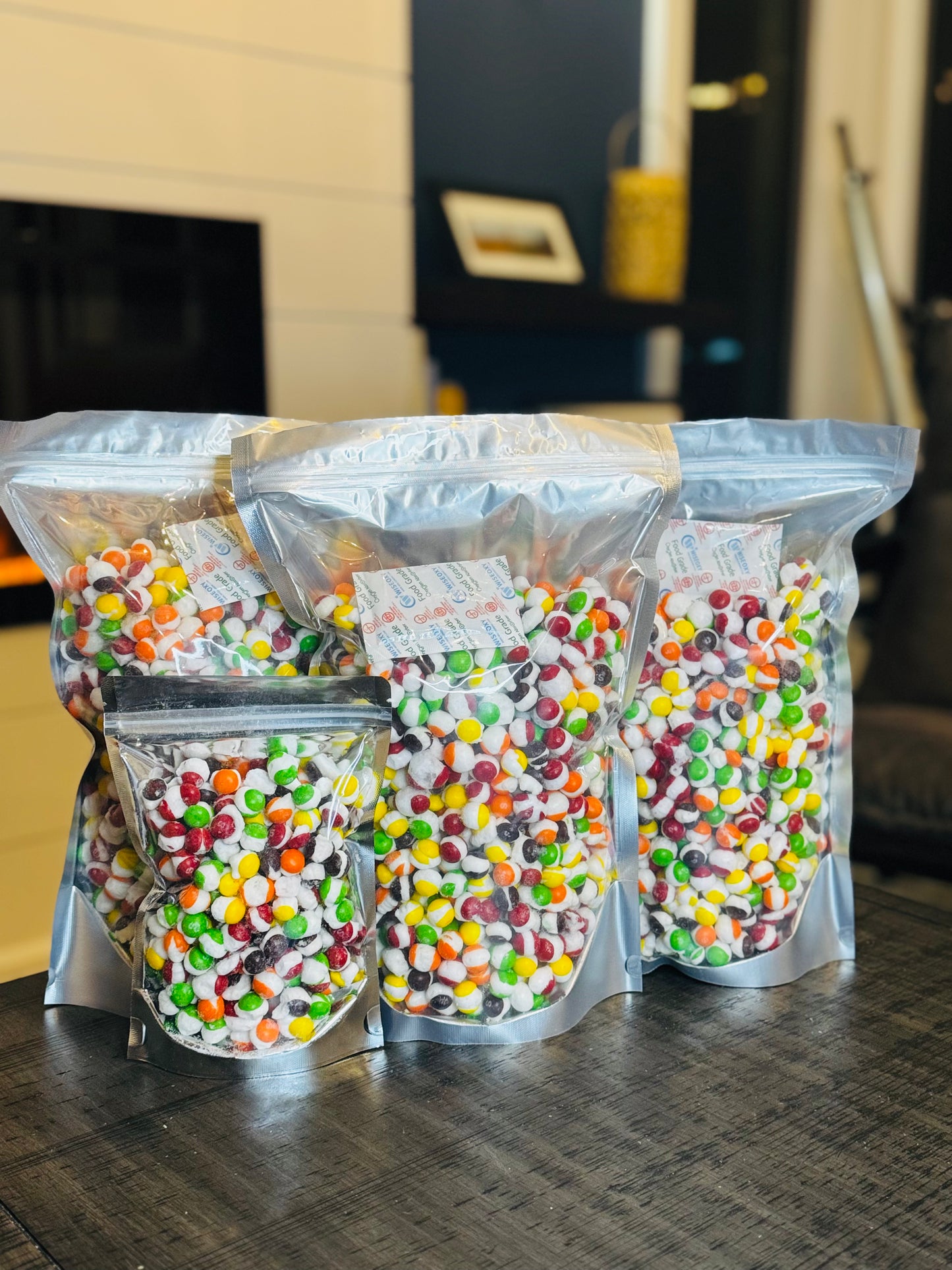 Extra Large Standing Bags of Freeze Dried Skittles Candy set up in a display to show the product.