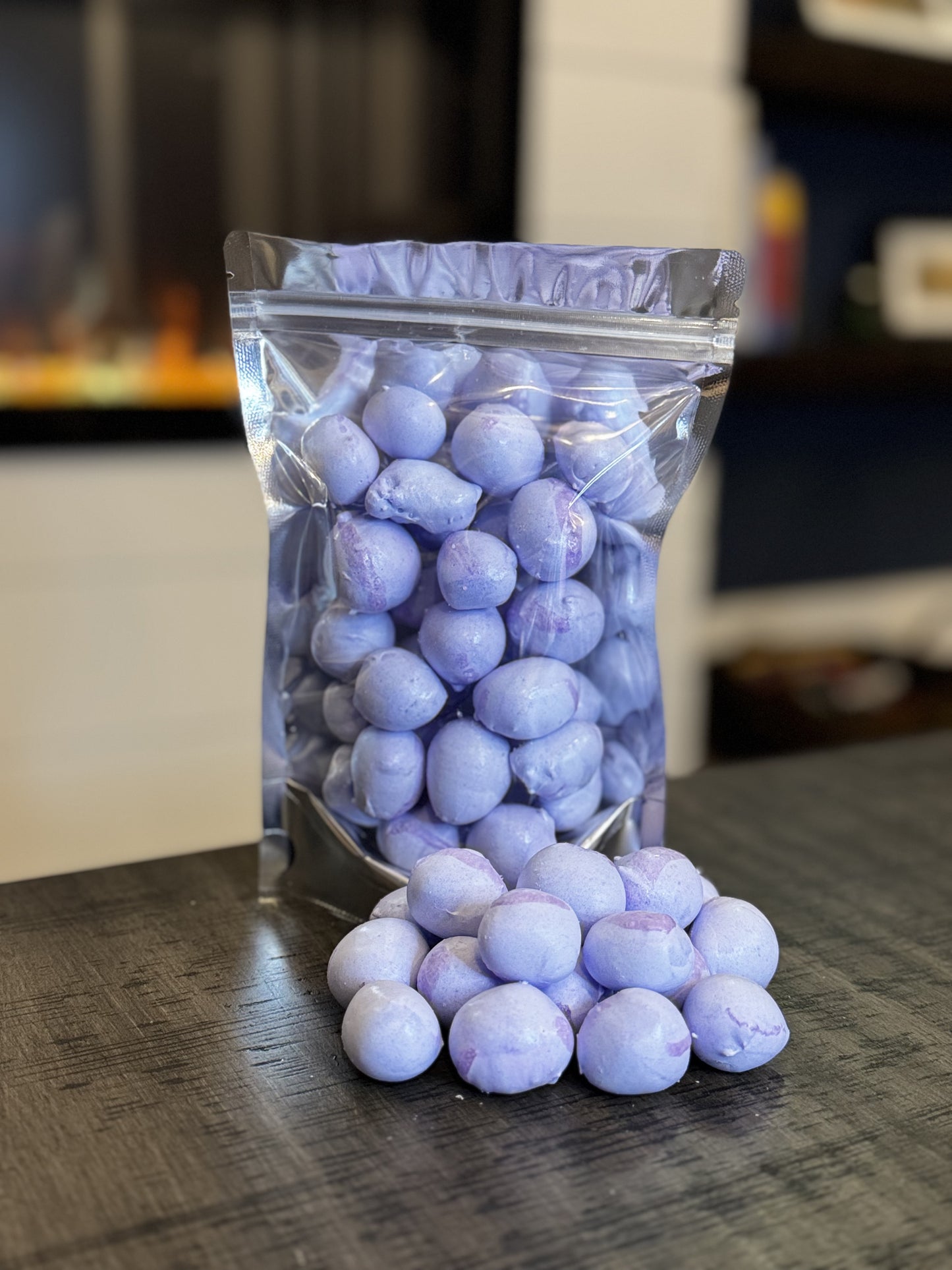 Freeze Dried Candy, regular size bag, displaying candy, salt water taffy, grape flavour