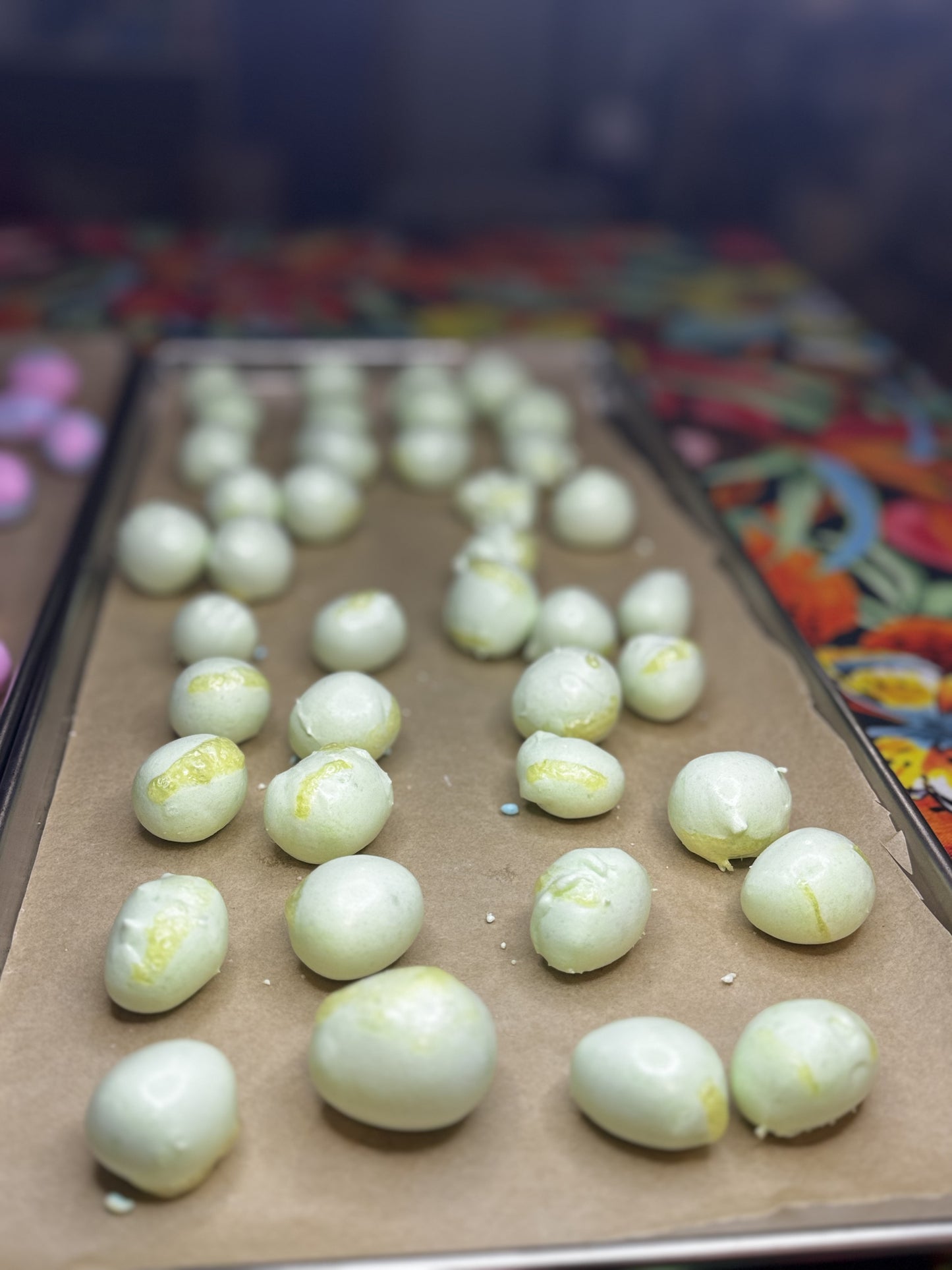 Freeze Dried Candy, displaying candy on tray, salt water taffy, golden pear flavour
 
