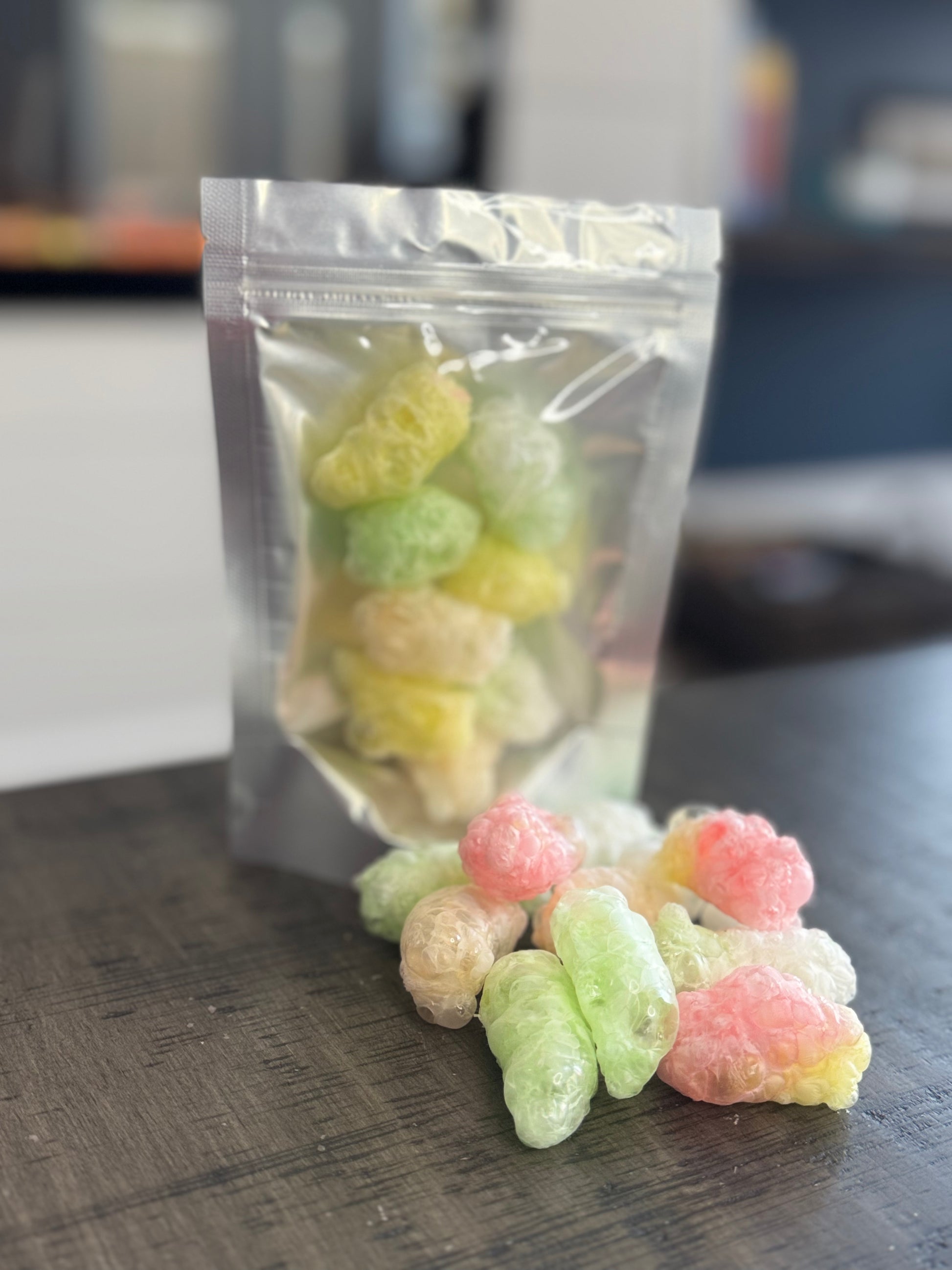 Freeze Dried Candy, small size bag, displaying candy, gummy worms