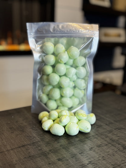 Freeze Dried Candy, large size bag, displaying candy, salt water taffy, golden pear flavour