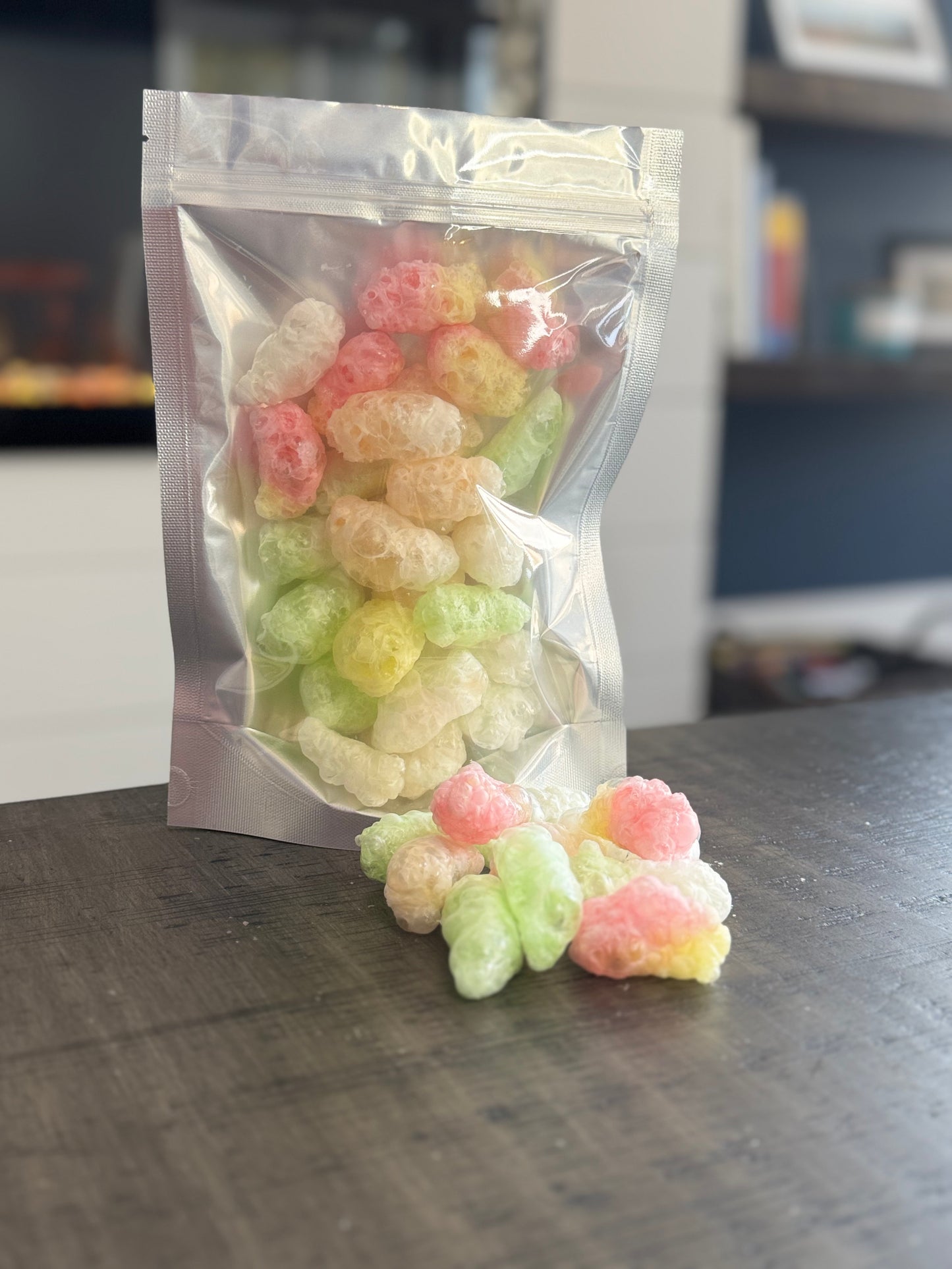 Freeze Dried Candy, large size bag, displaying candy, gummy worms