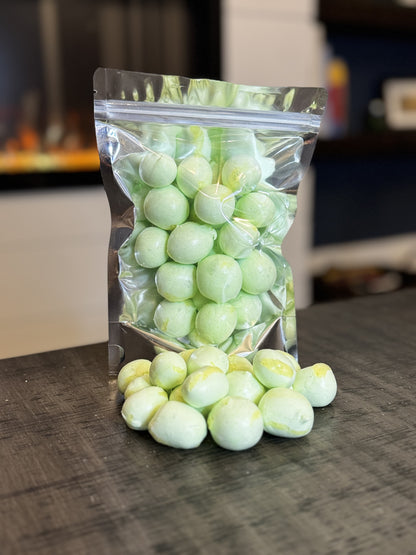 Freeze Dried Candy, regular size bag, displaying candy, salt water taffy, golden pear flavour