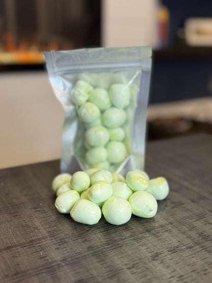 Freeze Dried Candy, small size bag, displaying candy, salt water taffy, golden pear flavour