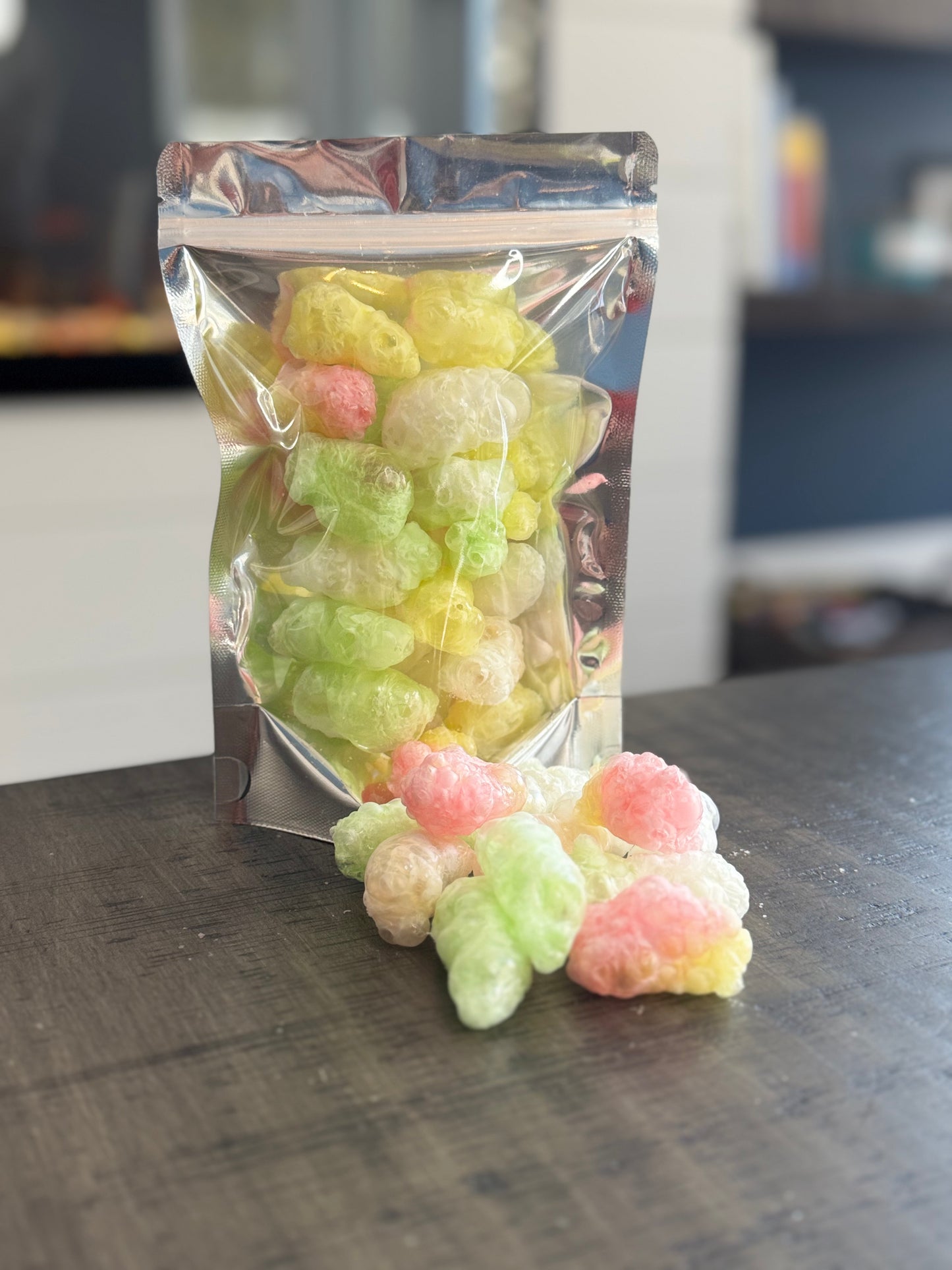 Freeze Dried Candy, regular size bag, displaying candy, gummy worms