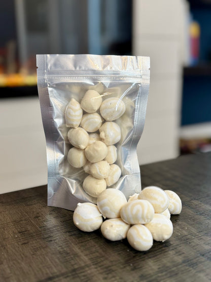 Freeze Dried Candy, small size bag, displaying candy, salt water taffy, cold brew coffee flavour