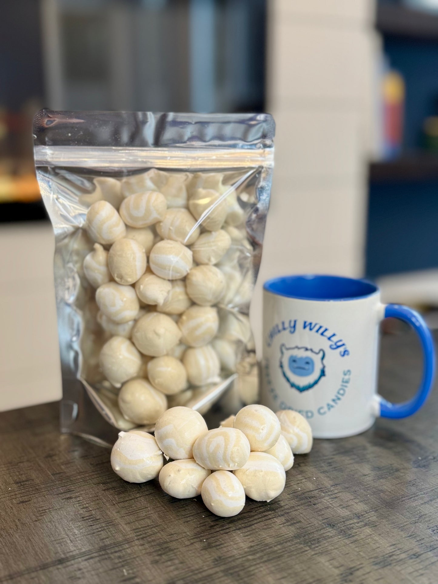 Freeze dried candy, salt water taffy, cold brew coffee flavour, regular size bag, mug with brand logo